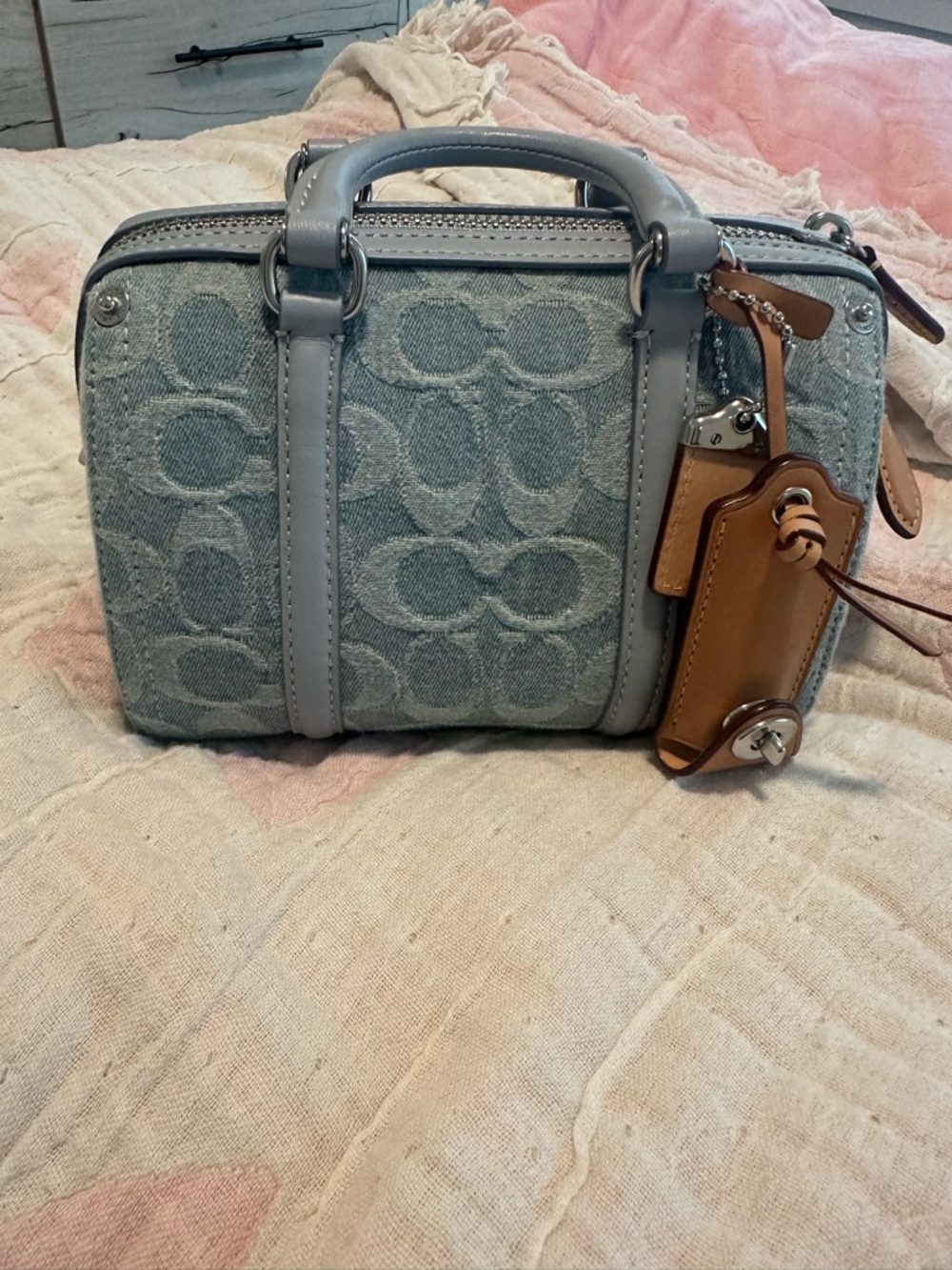 Coach Light Blue Denim Logo Satchel with Tan Tag